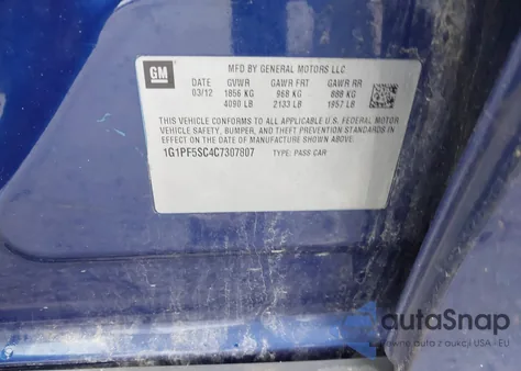 2012 Chevrolet Cruze 1Lt from USA, damaged, VIN 1G1PF5SC4C7307807